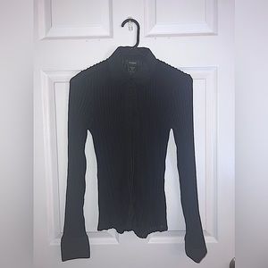 Express Black Ribbed Long Sleeved Collared Button up Fitted Blouse